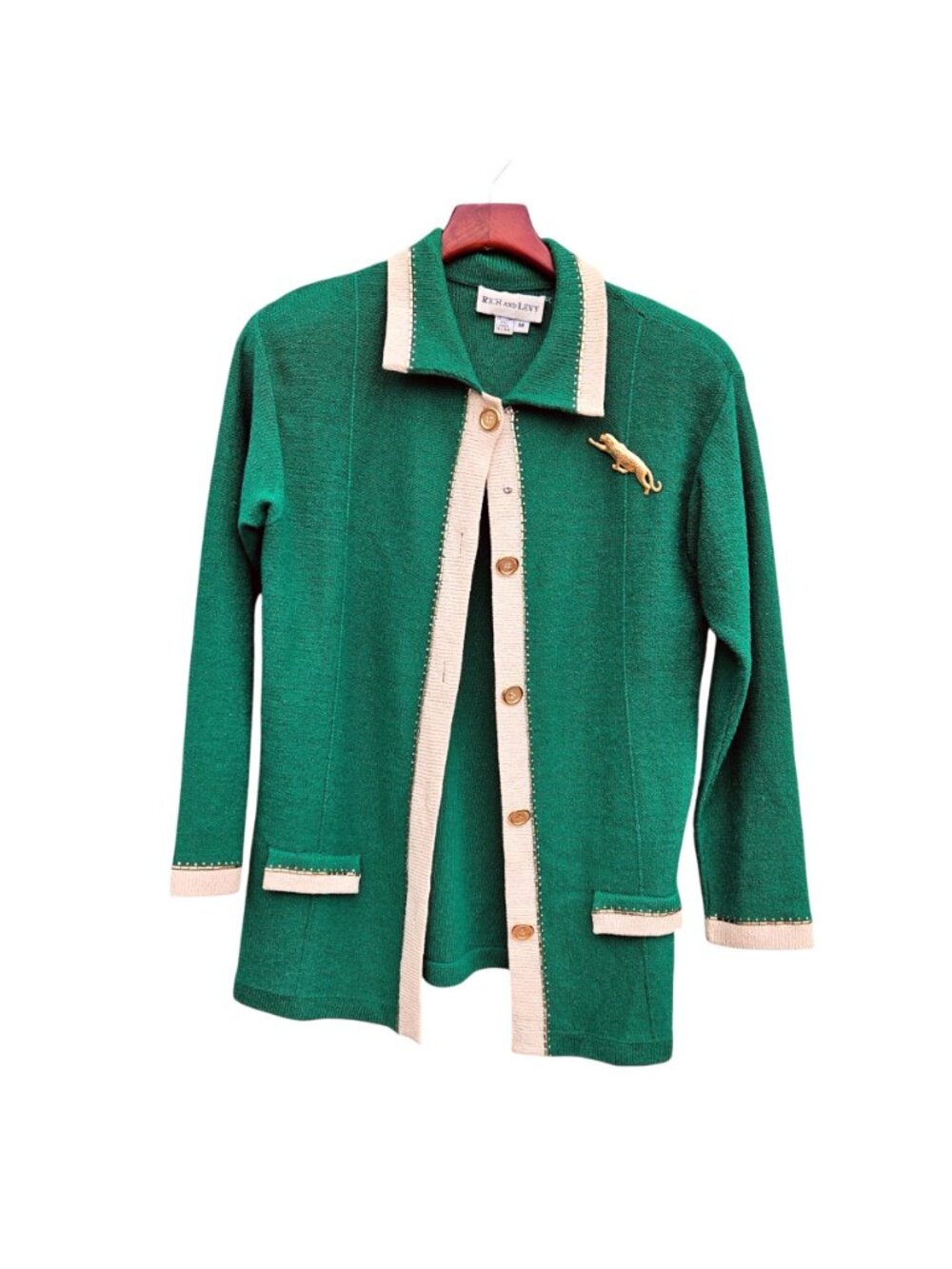 Vintage 80s Rich Levy Green Wool Knit Cardigan Leopard Brooch Womens L - Picture 6 of 14